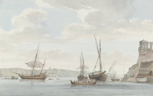 Tuinhuis van de Jardin du Grand Maitre uittorend boven de haven met galei schepen op Malta Oil painting by Abraham-Louis-Rodolphe Ducros