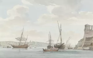 Tuinhuis van de Jardin du Grand Maitre uittorend boven de haven met galei schepen op Malta by Abraham-Louis-Rodolphe Ducros Oil Painting