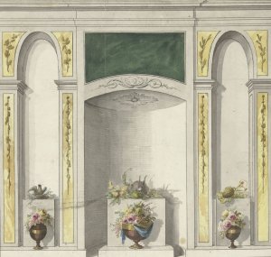 Ontwerp voor kamerversiering met drie nissen waarin bloemenvazen by Abraham Meertens Oil Painting