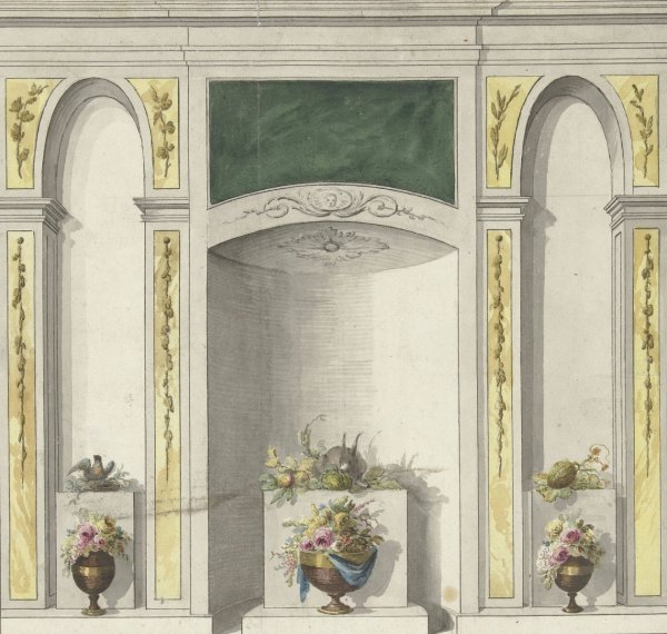 Main Product Photo of Ontwerp voor kamerversiering met drie nissen waarin bloemenvazen  Painting by Abraham Meertens