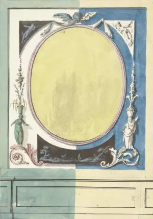 Ontwerp voor kamerversiering met een paneel met centraal een gele ovaal Oil painting by Abraham Meertens