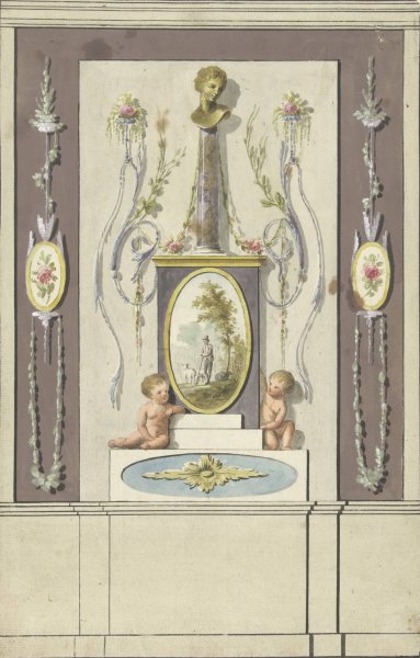 Main Product Photo of Ontwerp voor kamerversiering met een paneel met een buste op een zuil  Painting by Abraham Meertens
