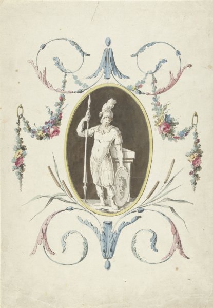 Main Product Photo of Ontwerp voor kamerversiering met een paneel met een staande krijger  Painting by Abraham Meertens