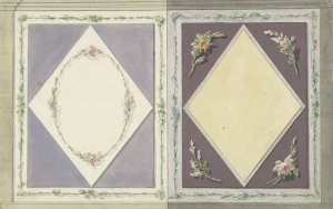 Ontwerp voor kamerversiering met twee panelen, een met een ruit in geel en een met een krans van rozen in een ruit by Abraham Meertens Oil Painting