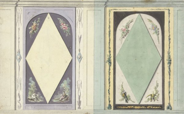 Main Product Photo of Ontwerp voor kamerversiering met twee panelen met een ruit in geel en groen  Painting by Abraham Meertens