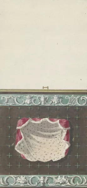 Ontwerp voor kamerversiering met verticaal twee panelen, de onderste met een hermelijnen mantel by Abraham Meertens Oil Painting