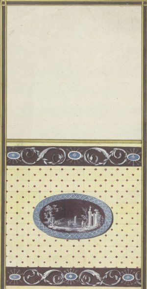 Ontwerp voor kamerversiering met verticaal twee panelen, de onderste met een ruinelandschap in een liggend ovaal by Abraham Meertens Oil Painting