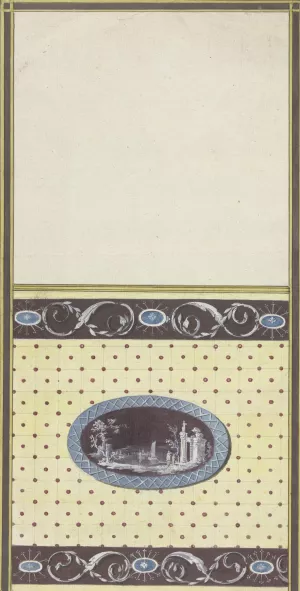 Ontwerp voor kamerversiering met verticaal twee panelen, de onderste met een ruinelandschap in een liggend ovaal by Abraham Meertens Oil Painting