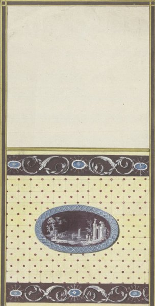 Main Product Photo of Ontwerp voor kamerversiering met verticaal twee panelen, de onderste met een ruinelandschap in een liggend ovaal  Painting by Abraham Meertens