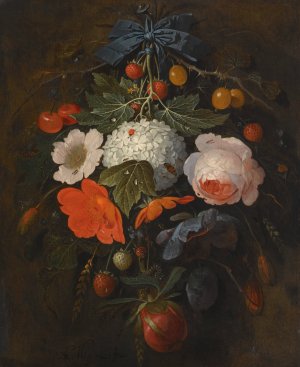 A Festoon Of Flowers And Fruit, Including A Pink Rose, A Poppy, A Snowball, Gooseberries And Fraises De Bois, Along With A Variety Of Insects by Abraham Mignon Oil Painting
