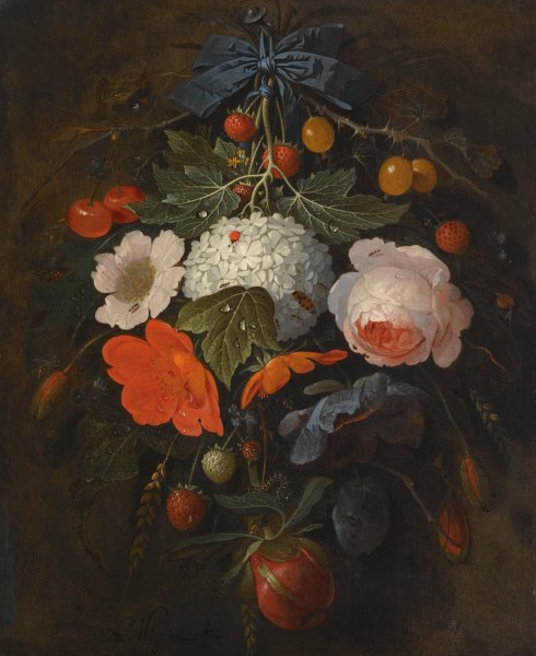 Main Product Photo of A Festoon Of Flowers And Fruit, Including A Pink Rose, A Poppy, A Snowball, Gooseberries And Fraises De Bois, Along With A Variety Of Insects Painting by Abraham Mignon