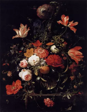 A Glass of Flowers and an Orange Twig by Abraham Mignon - Oil Painting Reproduction