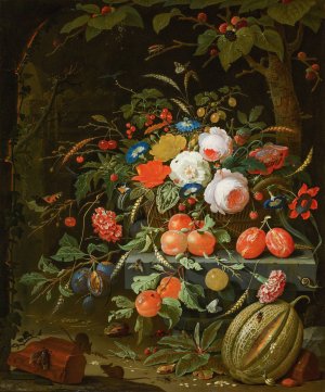 Flowers and Fruit by Abraham Mignon Oil Painting
