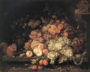 Fruit Still-Life with Squirrel and Goldfinch painting by Abraham Mignon