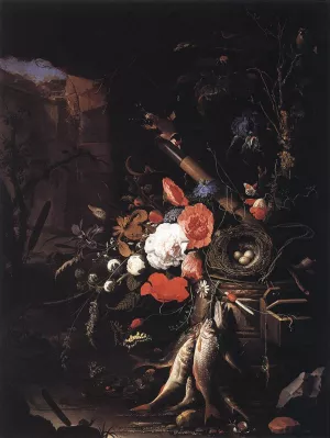 Still-Life with Fishes and Bird Nest by Abraham Mignon - Oil Painting Reproduction