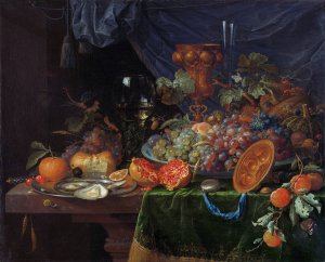 Still Life with Fruit and Oysters by Abraham Mignon Oil Painting