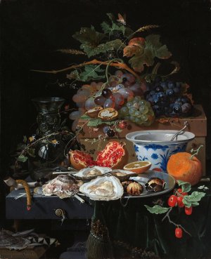 Still Life with Fruit, Oysters, and a Porcelain Bowl by Abraham Mignon Oil Painting