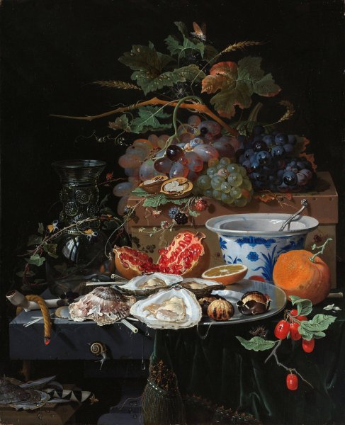 Main Product Photo of Still Life with Fruit, Oysters, and a Porcelain Bowl  Painting by Abraham Mignon