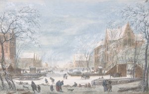 Snow Falling on a Dutch Town by Abraham Rademaker Oil Painting