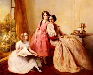 A Portrait Of Two Girls With Their Governess Oil painting by Abraham Solomon