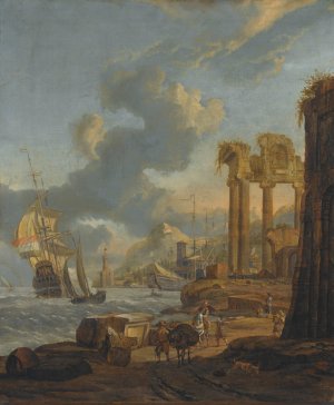 A Mediterranean Harbour Scene With Travellers On The Shore, A Dutch Man-Of-War On The Left by Abraham Storck Oil Painting