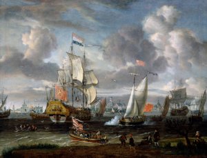 An English Yacht saluting a Dutch Man-of-War in the port of Rotterdam by Abraham Storck Oil Painting