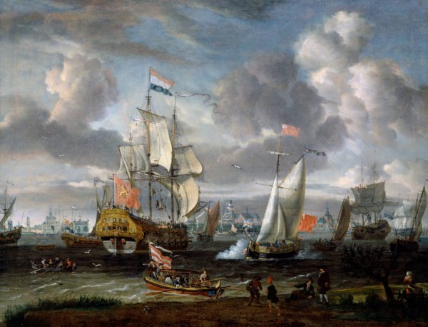 An English Yacht saluting a Dutch Man-of-War in the port of Rotterdam by Abraham Storck - Hand-Painted Oil Painting Reproduction