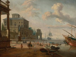 Italianate harbor scene with figures and animals in a grand architectural setting by Abraham Storck Oil Painting