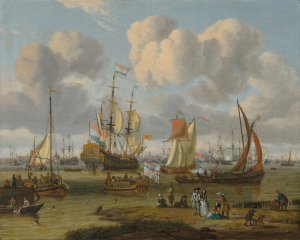Shipping off Amsterdam with figures on a quay by Abraham Storck Oil Painting