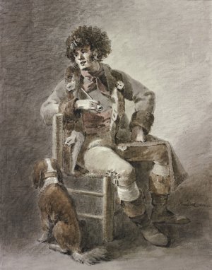 Auf einem Stuhl sitzt ein Mann die Pfeife in der Hand, dabei ein Hund by Abraham Teerlink Oil Painting