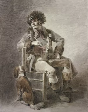 Auf einem Stuhl sitzt ein Mann die Pfeife in der Hand, dabei ein Hund Oil painting by Abraham Teerlink