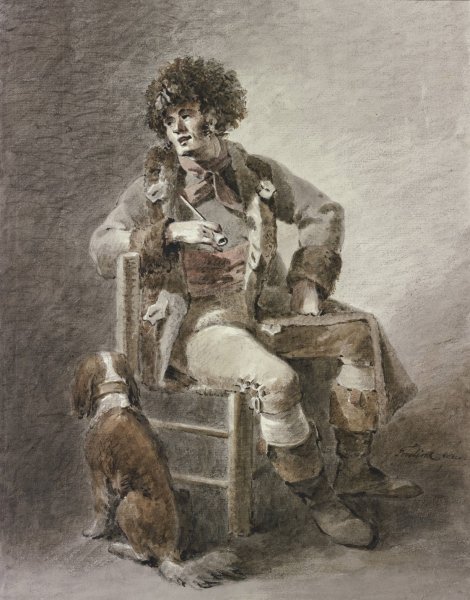 Main Product Photo of Auf einem Stuhl sitzt ein Mann die Pfeife in der Hand, dabei ein Hund Painting by Abraham Teerlink