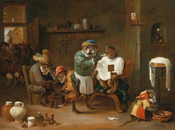 Main Product Photo of A cat in a barber shop, run by monkeys Painting by Abraham Teniers