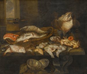 A Still Life With Salmon, Plaice, A Crab And Other Fish Arranged On A Table, A View Of The Sea Beyond by Abraham Van Beijeren Oil Painting