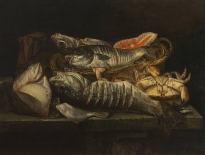 Still Life with Fish and Crustaceans on a Table by Abraham Van Beijeren Oil Painting