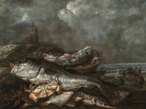 Fish on the beach at Egmond by Abraham Van Beyeren Oil Painting