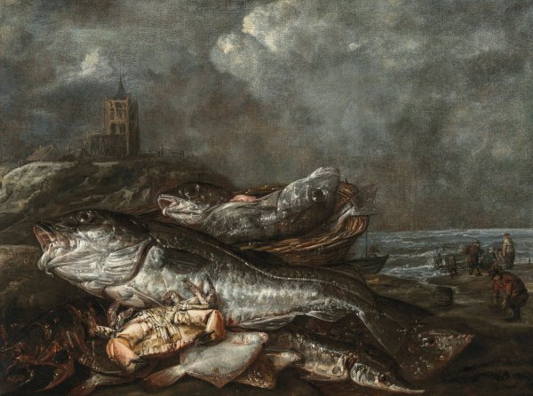 Main Product Photo of Fish on the beach at Egmond Painting by Abraham Van Beyeren