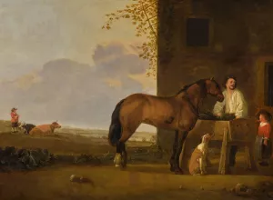 A horseman tending his horse, a cowherd with his cattle beyond by Abraham Van Calraet Oil Painting