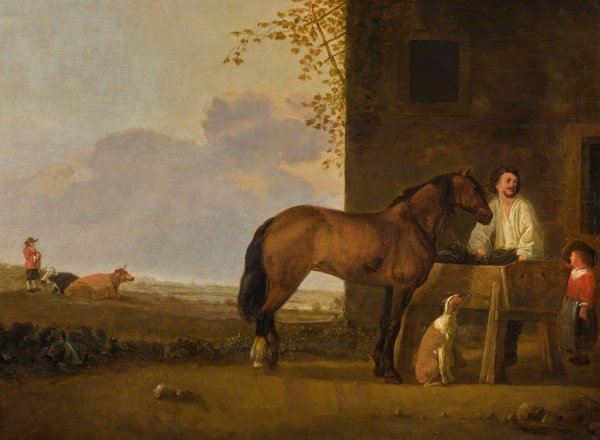 Main Product Photo of A horseman tending his horse, a cowherd with his cattle beyond Painting by Abraham Van Calraet