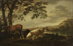 Cattle on a River Bank Netherlands by Abraham Van Calraet Oil Painting