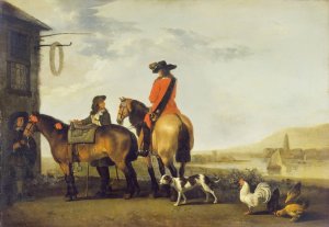Two Horsemen at a Tavern Netherlands by Abraham Van Calraet Oil Painting