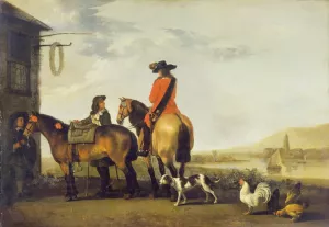 Two Horsemen at a Tavern Netherlands by Abraham Van Calraet Oil Painting