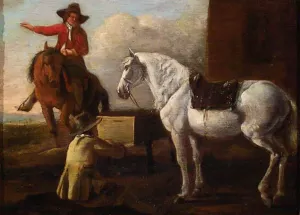Young Artist Painting a Horse and Rider painting by Abraham Van Calraet
