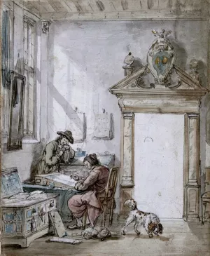 Interieurscene met schrijvende man aan een lessenaar Oil painting by Abraham Van Strij