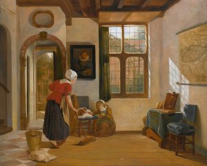 Interior with a maid, a girl with a dog, and a map of dordrecht by Abraham Van Strij Oil Painting