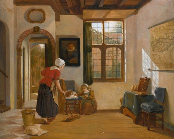 Main Product Photo of Interior with a maid, a girl with a dog, and a map of dordrecht Painting by Abraham Van Strij