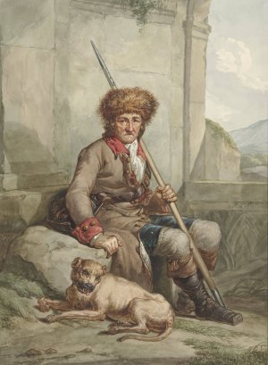 Zittende jager met bontmuts, speer en weitas by Abraham Van Strij Oil Painting
