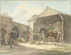 Uitdelen van hooi aan de Gardes d'Honneur, 1813 by Abraham Vinkeles Oil Painting