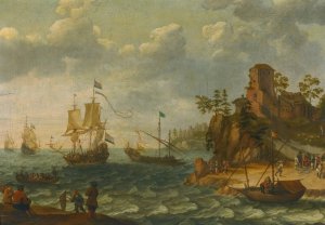 Ships Moored Off A Rocky Coastline With Fishermen Unloading Their Catch by Abraham Willaerts Oil Painting