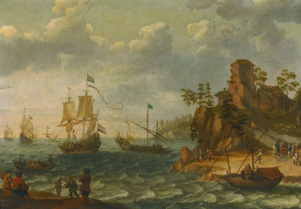 Main Product Photo of Ships Moored Off A Rocky Coastline With Fishermen Unloading Their Catch Painting by Abraham Willaerts